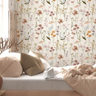 Wildflower Wallpaper, Floral Wildflowers in Watercolors Boho Meadow Wall Mural Pastel Peel and Stick Vintage Custom Made Wall Decoration