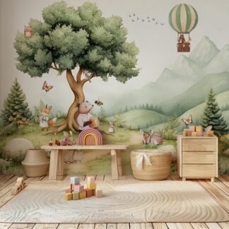 Forest Animals bunny rabbit Nursery Wallpaper Woodland Wall Art Watercolor Pine Trees Wild Animals Peel and Stick Room Decor Hot Balloon
