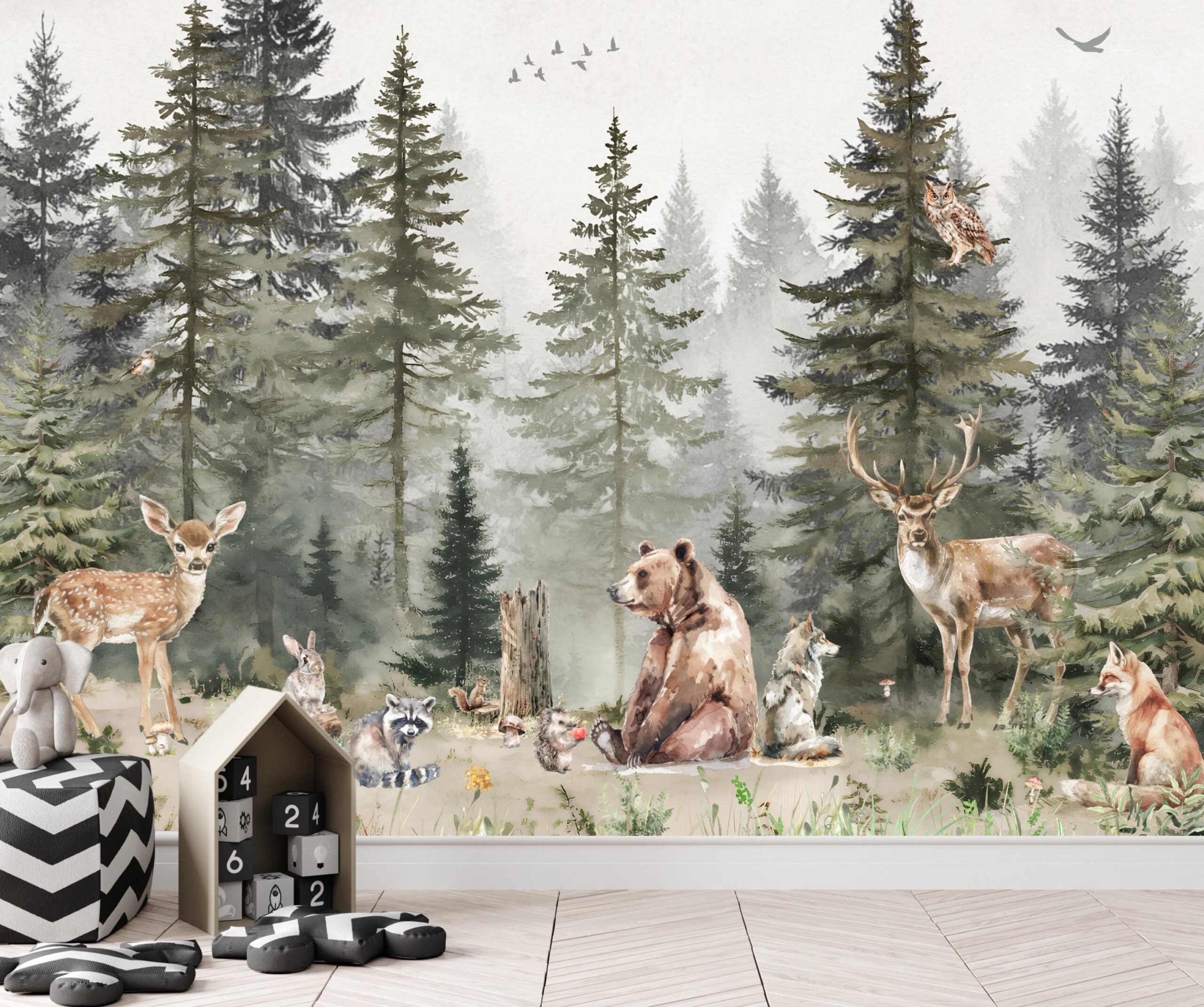 Woodland Animals Wallpaper Mural: Peel and Stick Forest Nursery Decor