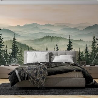 Landscape wallpaper, wallpaper with mountains and meadows, panoramic wallpaper, forest landscape photo wallpaper, pine tree wallpaper