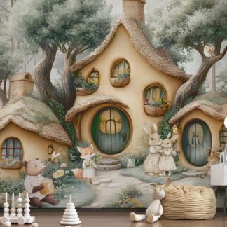 Woodland Nursery Wallpaper: Forest Animals, Bunny, Pine Trees - Peel and Stick