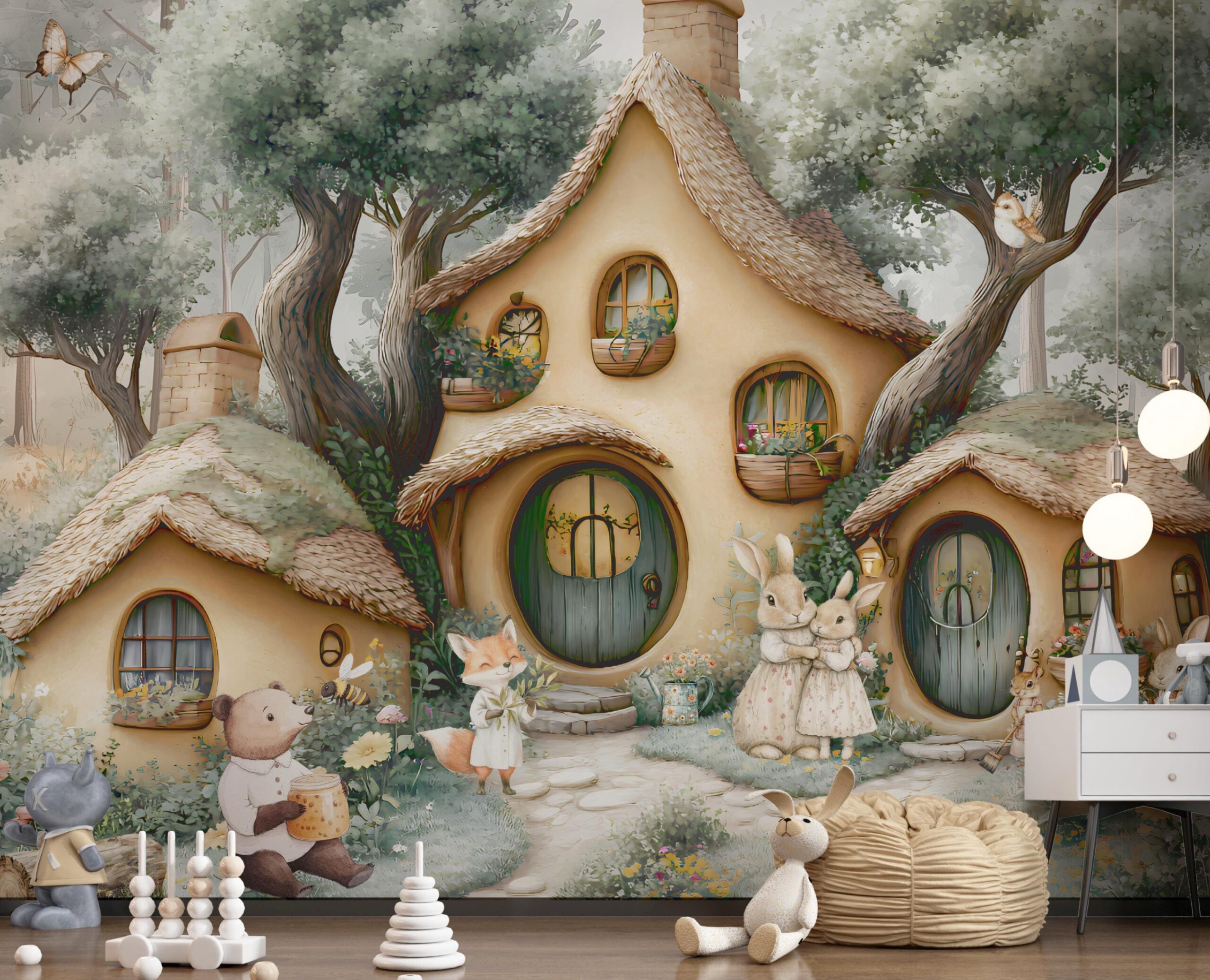 Woodland Nursery Wallpaper: Forest Animals, Bunny, Pine Trees - Peel and Stick