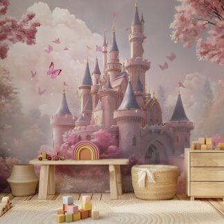 Princess And Castle Nursery Wallpaper Magic Kingdom Fairytale Peel And Stick Wall Mural Girls Room kids Wall Decor Floral Pink wallpaper