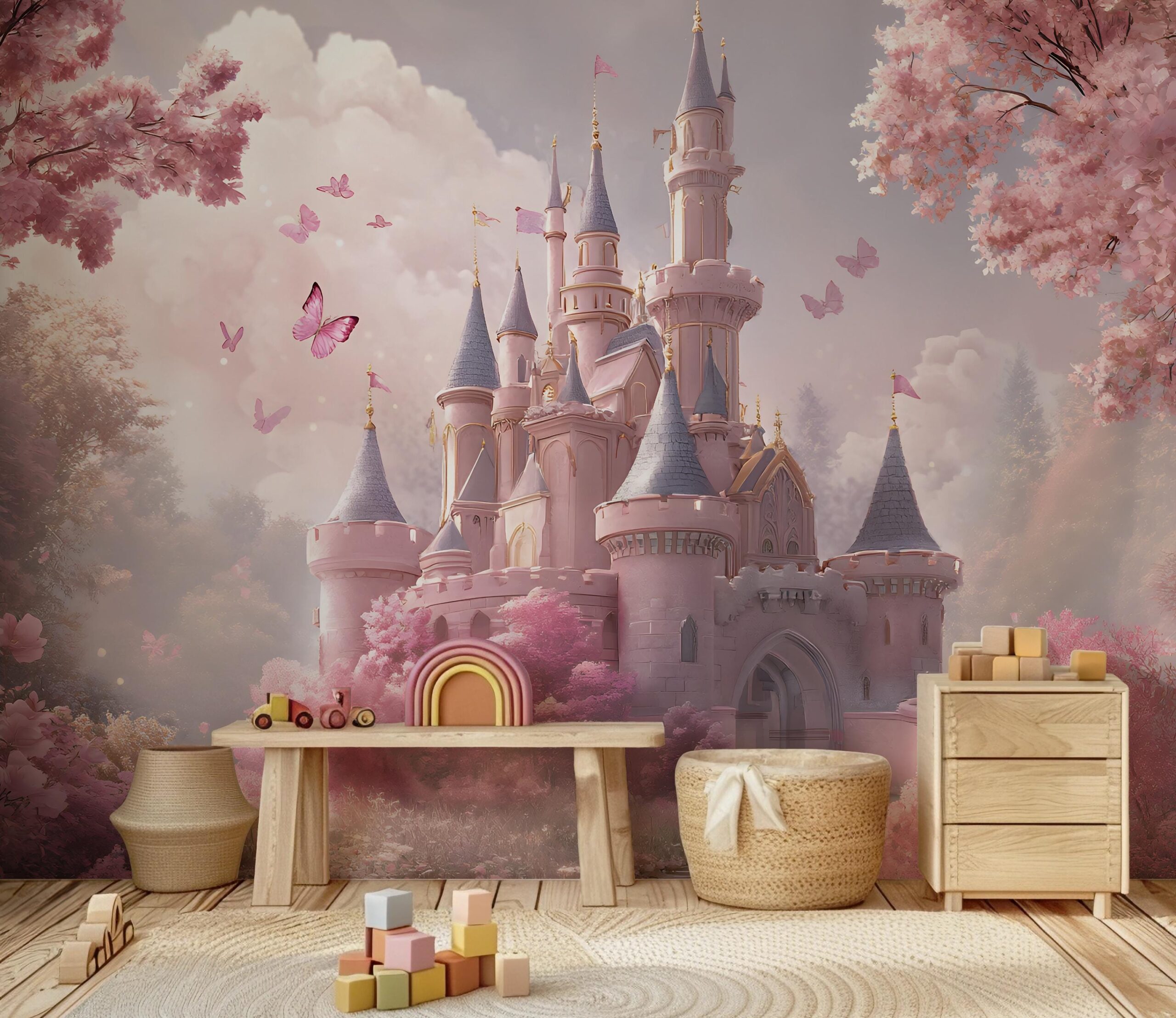 Princess And Castle Nursery Wallpaper Magic Kingdom Fairytale Peel And Stick Wall Mural Girls Room kids Wall Decor Floral Pink wallpaper