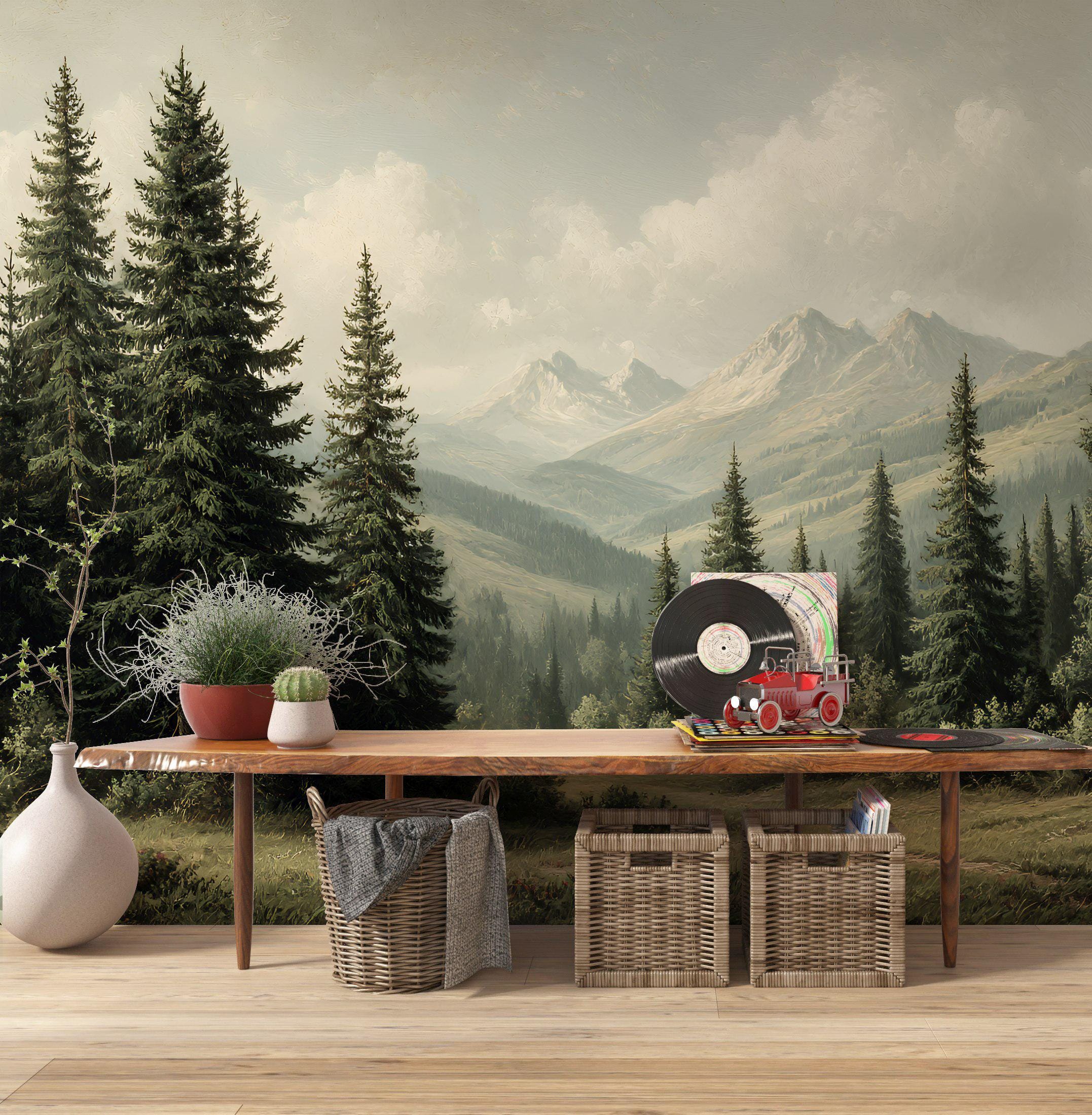 Landscape wallpaper, wallpaper with mountains and meadows, panoramic wallpaper, forest landscape photo wallpaper, pine tree wallpaper