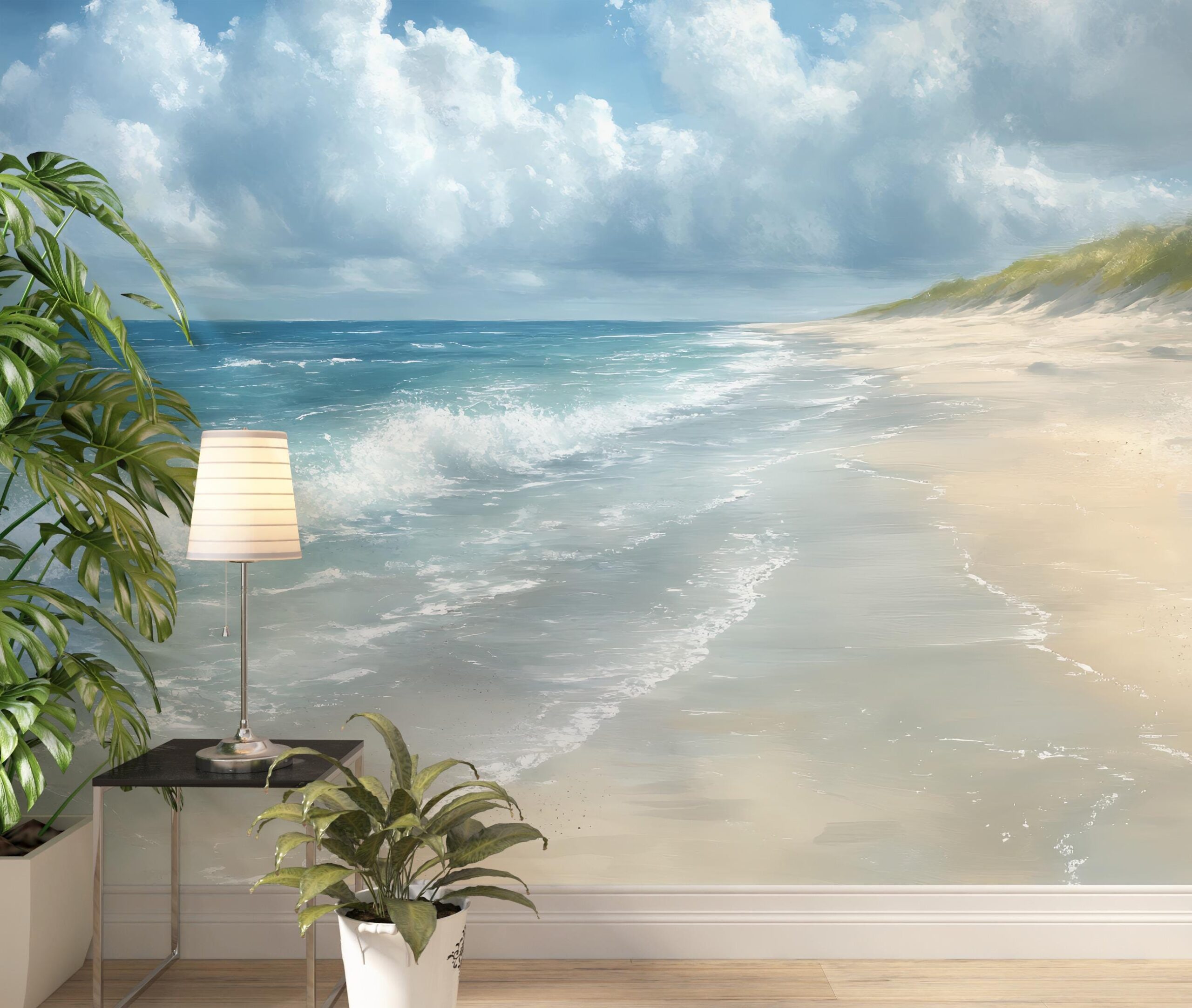 Wallpaper with a sea-colored ombre effect wallpaper with a sea and sand motif wallpaper with a coast motif with abstract waves