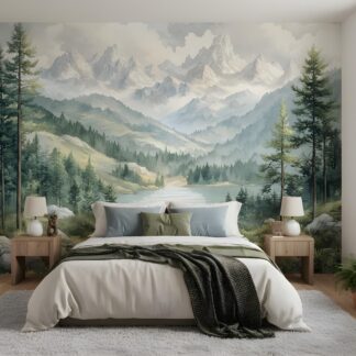 Landscape Wall Mural – Forest, Mountains, Lake, Meadow – Nature Landscape Wallpaper Peel and Stick made to measure Wallpaper non woven