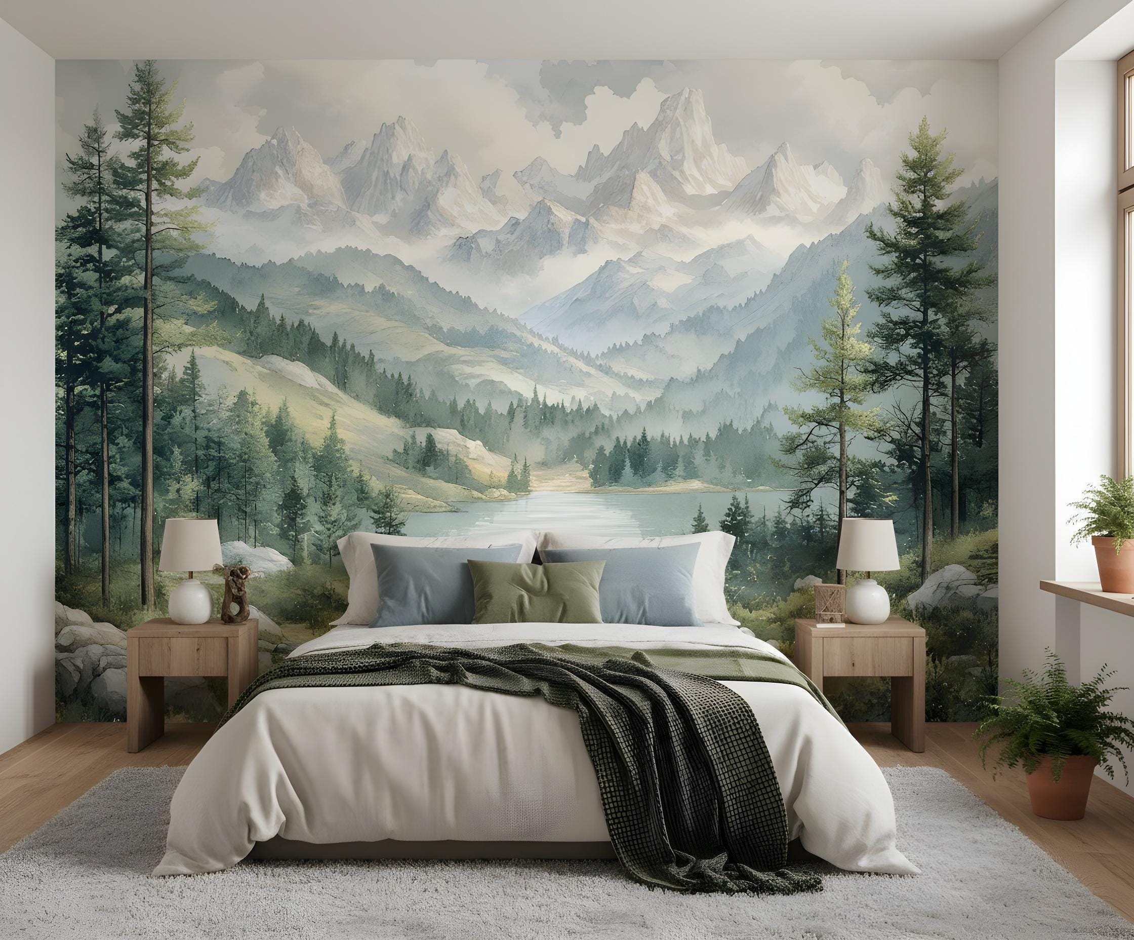 Landscape Wall Mural – Forest, Mountains, Lake, Meadow – Nature Landscape Wallpaper Peel and Stick made to measure Wallpaper non woven