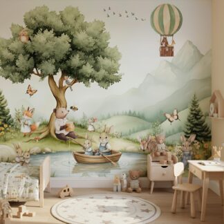 Forest animals bunny kids room wallpaper wall art watercolor pine trees lake self-adhesive decoration,hot air balloon