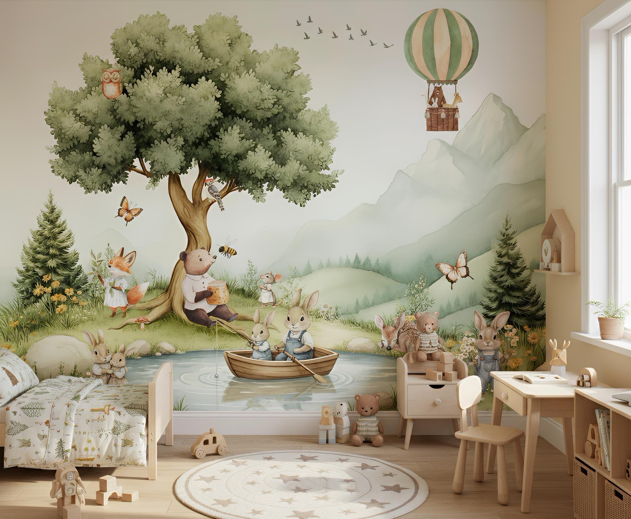 Forest animals bunny kids room wallpaper wall art watercolor pine trees lake self-adhesive decoration,hot air balloon