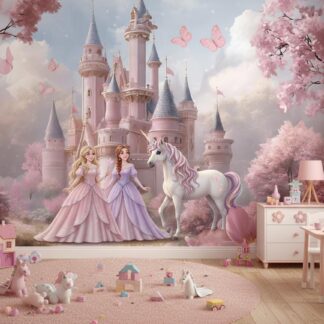 Princess And Castle Nursery Wallpaper Magic Kingdom UnicornFairytale Peel And Stick Wall Mural Girls Room kids Wall Decor Pink wallpaper