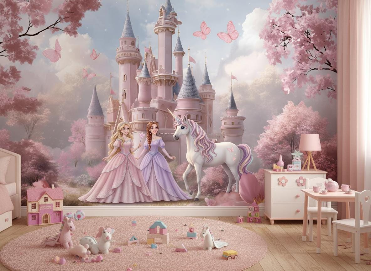Princess And Castle Nursery Wallpaper Magic Kingdom UnicornFairytale Peel And Stick Wall Mural Girls Room kids Wall Decor Pink wallpaper
