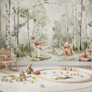 Wallpaper Kids Mountain Nursery Woodland Animals Forest Wall Mural Pine Tree Wall Decal Kids Room Childroom Removable Watercolor Custom