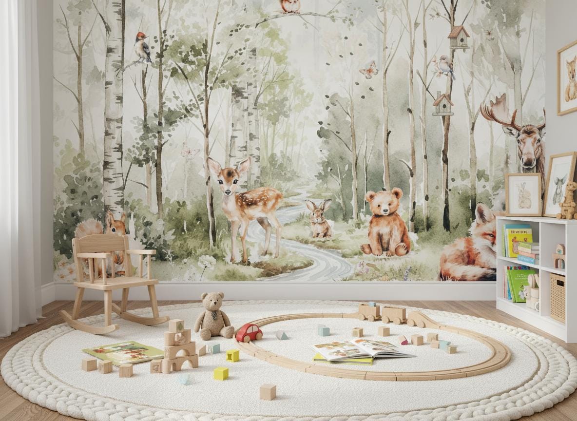 Wallpaper Kids Mountain Nursery Woodland Animals Forest Wall Mural Pine Tree Wall Decal Kids Room Childroom Removable Watercolor Custom