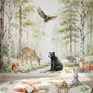 Forest wallpaper for children forest animals forest peel and stick pine trees, roe deer fox wallpaper, meadow river watercolor wallpaper