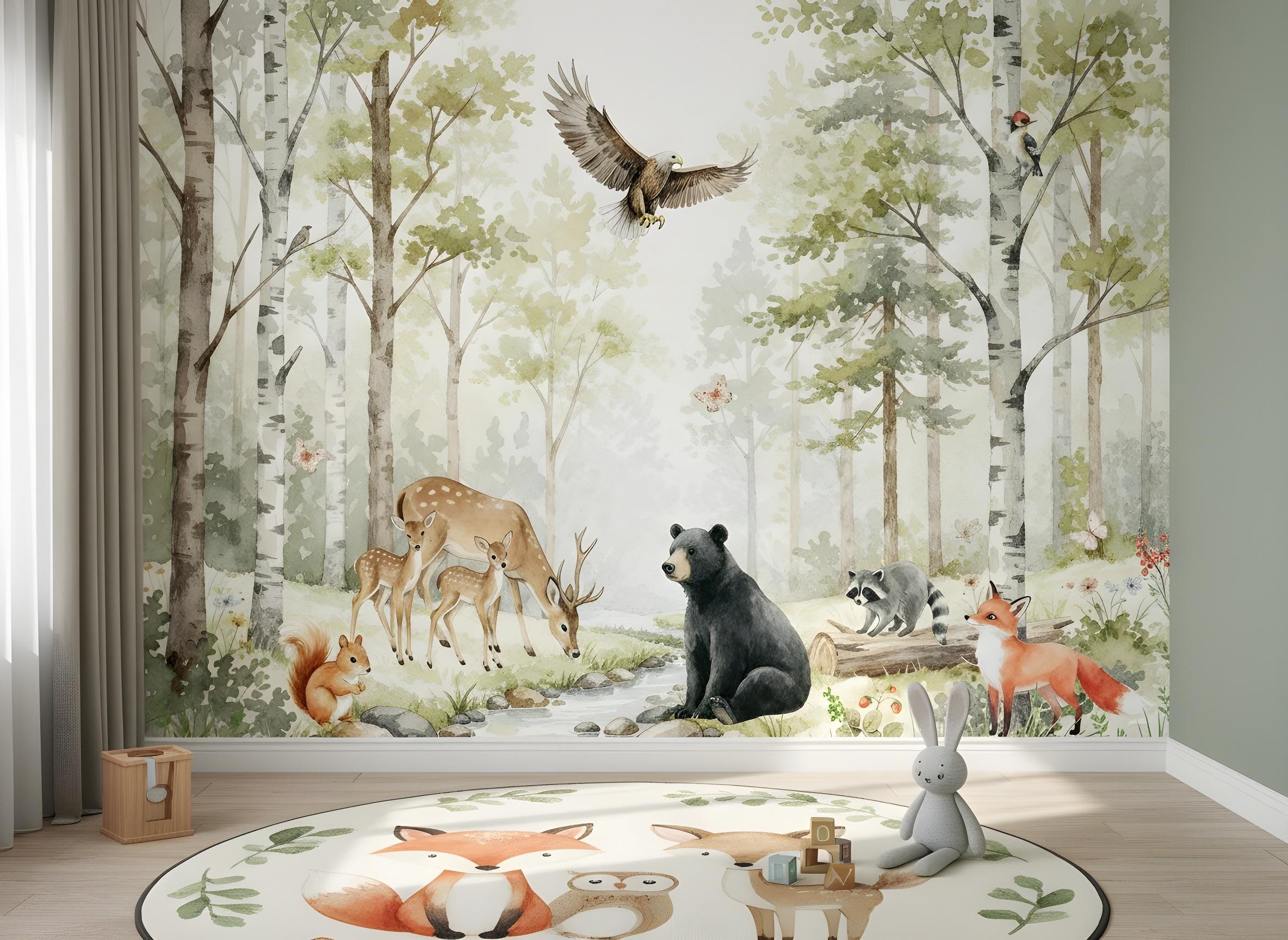 Forest wallpaper for children forest animals forest peel and stick pine trees, roe deer fox wallpaper, meadow river watercolor wallpaper