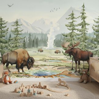 Forest Animals Nursery Wallpaper - Woodland Mural with Bear, Deer and Fox | Watercolor Nature Wall Decor, Peel and Stick or Fleece