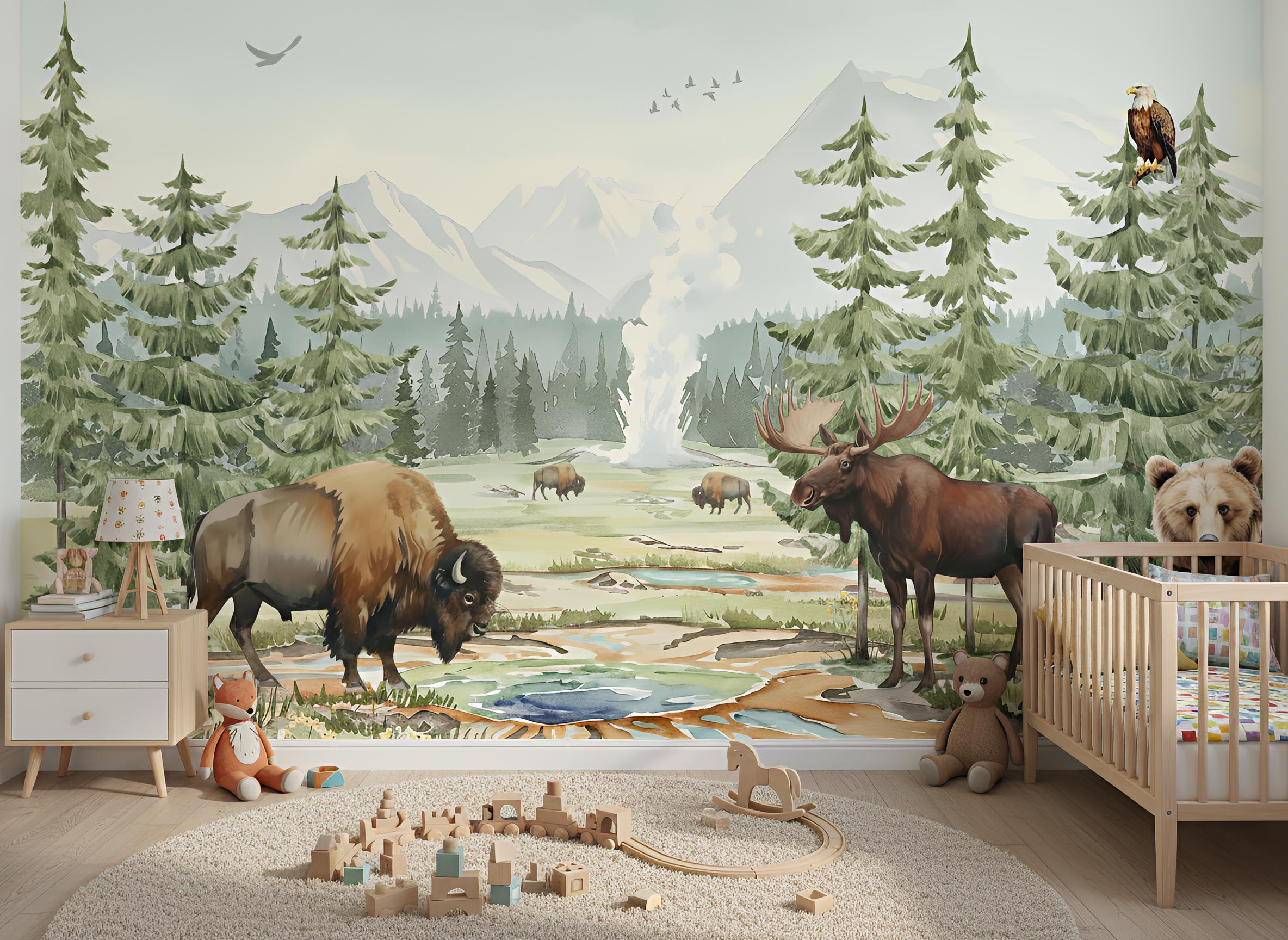 Forest Animals Nursery Wallpaper - Woodland Mural with Bear, Deer and Fox | Watercolor Nature Wall Decor, Peel and Stick or Fleece