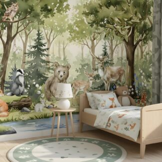 Forest Animals Nursery Wallpaper Woodland Wall Art Watercolor Pine Trees Wild Animals Peel and Stick Kids Room Decor custom-made wallpaper