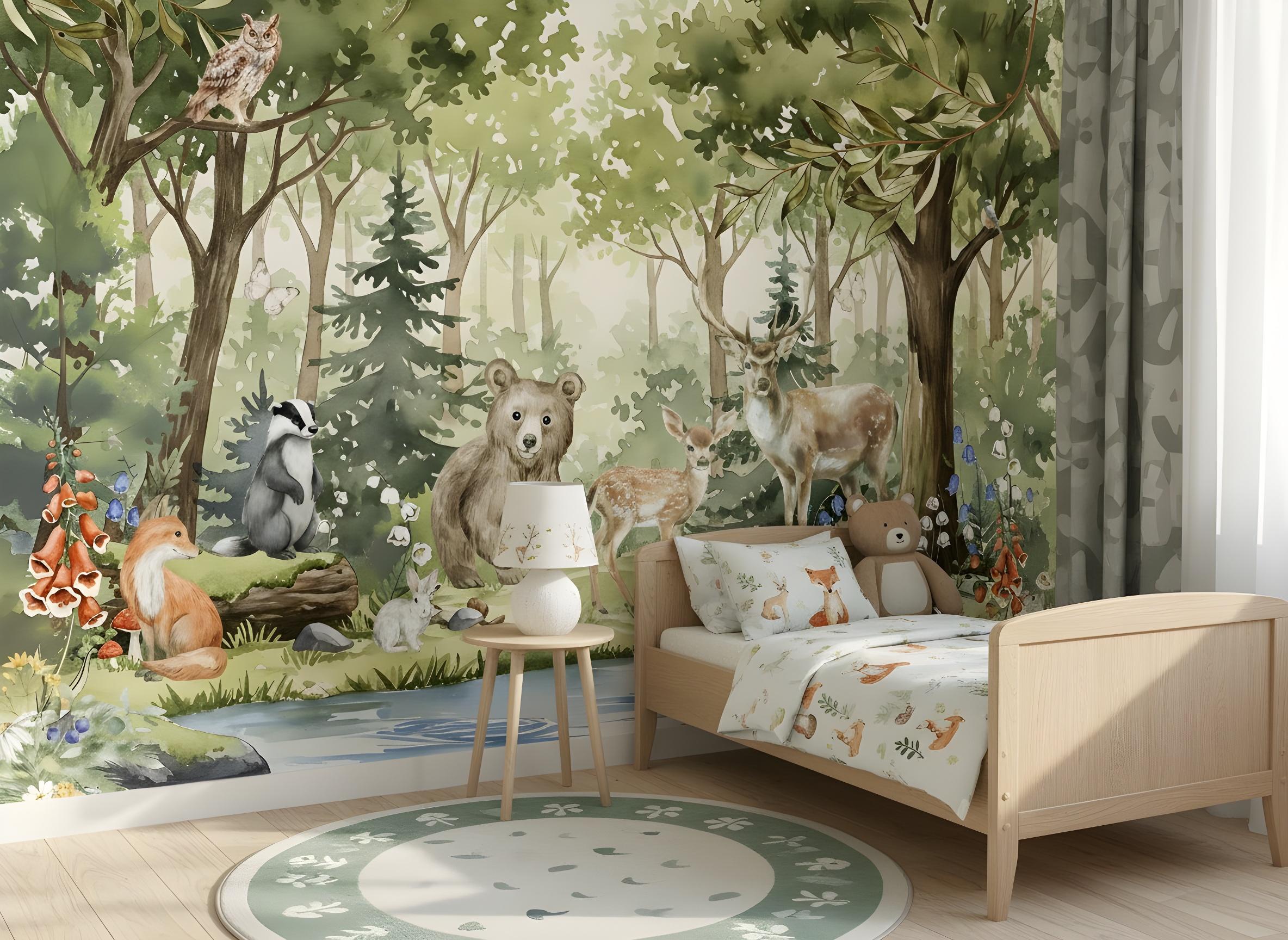 Forest Animals Nursery Wallpaper Woodland Wall Art Watercolor Pine Trees Wild Animals Peel and Stick Kids Room Decor custom-made wallpaper