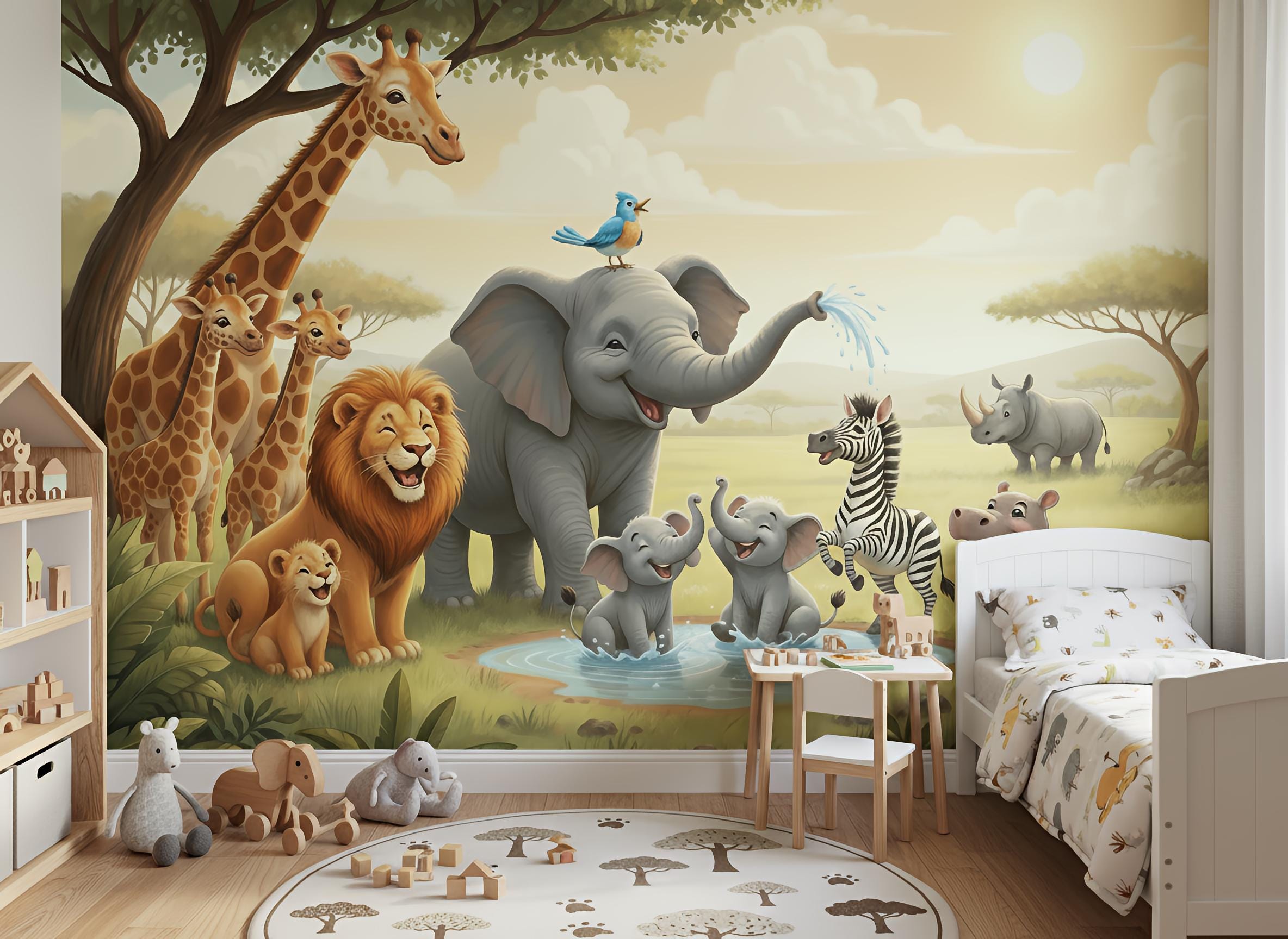 Safari Mural Nursery african animals wallpaper Wild Animals Peel and Stick Kids Room Decor wall mural elephant custom-made wallpaper