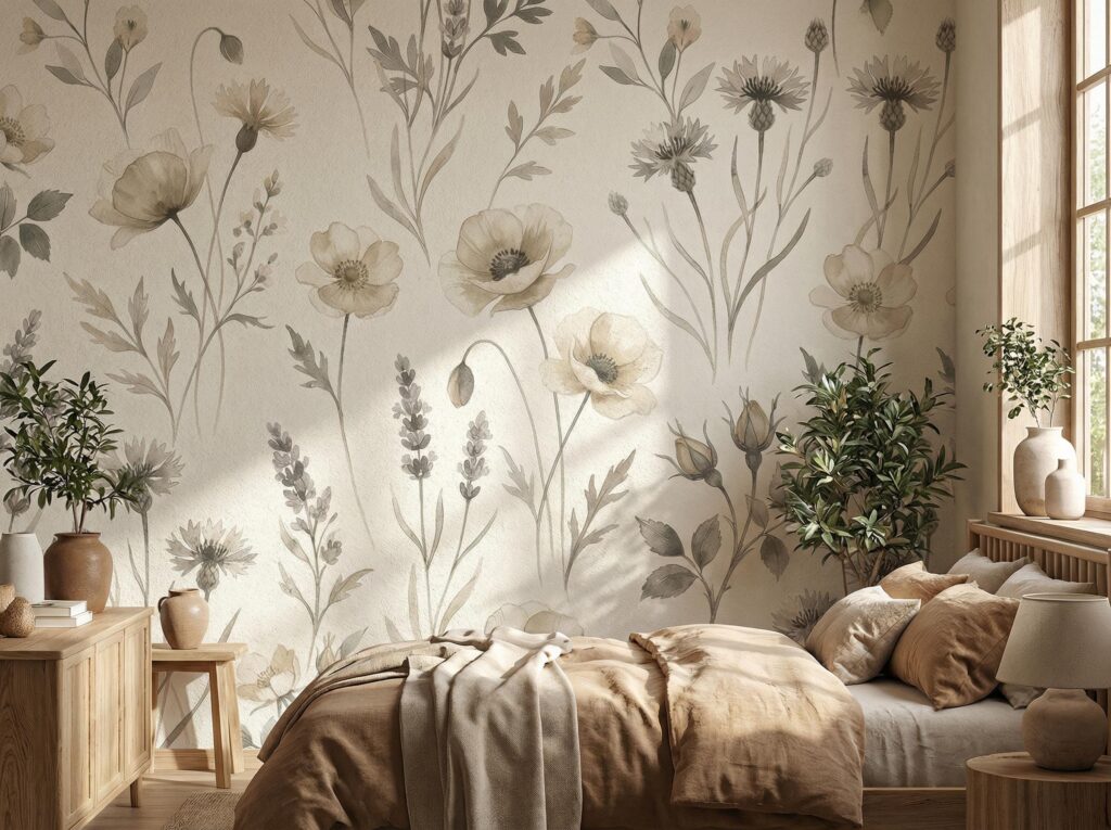 Wildflower Wallpaper Mural | Neutral Boho Watercolor Floral Peel and Stick | Vintage Meadow Wall Art | Custom Bedroom Wall Decor