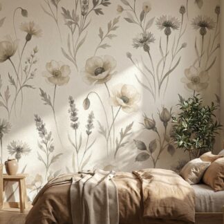 Wildflower Wallpaper Mural | Neutral Boho Watercolor Floral Peel and Stick | Vintage Meadow Wall Art | Custom Bedroom Wall Decor