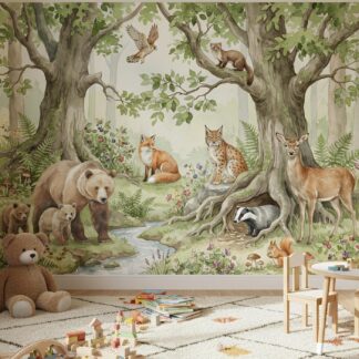 Woodland Animals Wallpaper Nursery Mural Forest Trees Kids Wall Decor Watercolor Custom Made Peel and Stick Removable Wallpaper