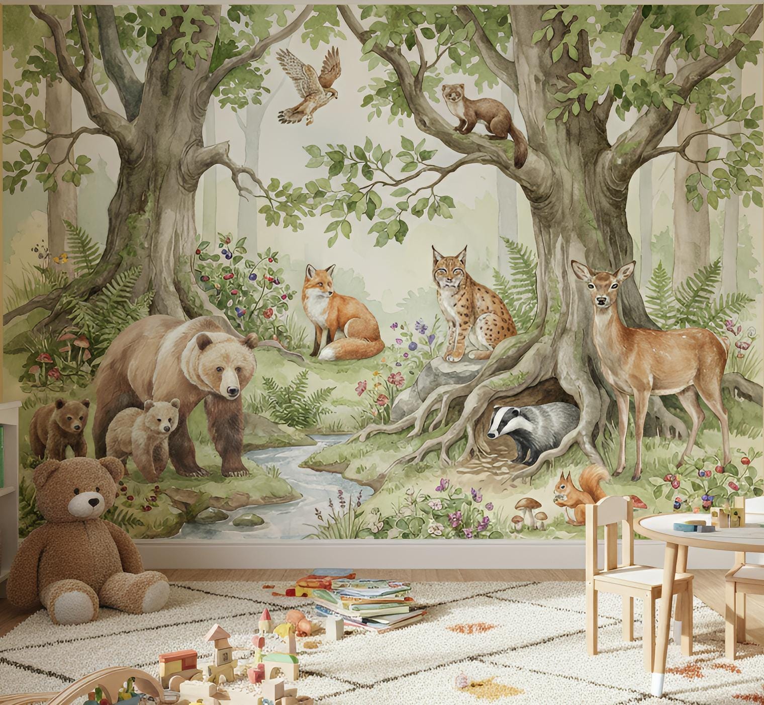 Woodland Animals Wallpaper Nursery Mural Forest Trees Kids Wall Decor Watercolor Custom Made Peel and Stick Removable Wallpaper