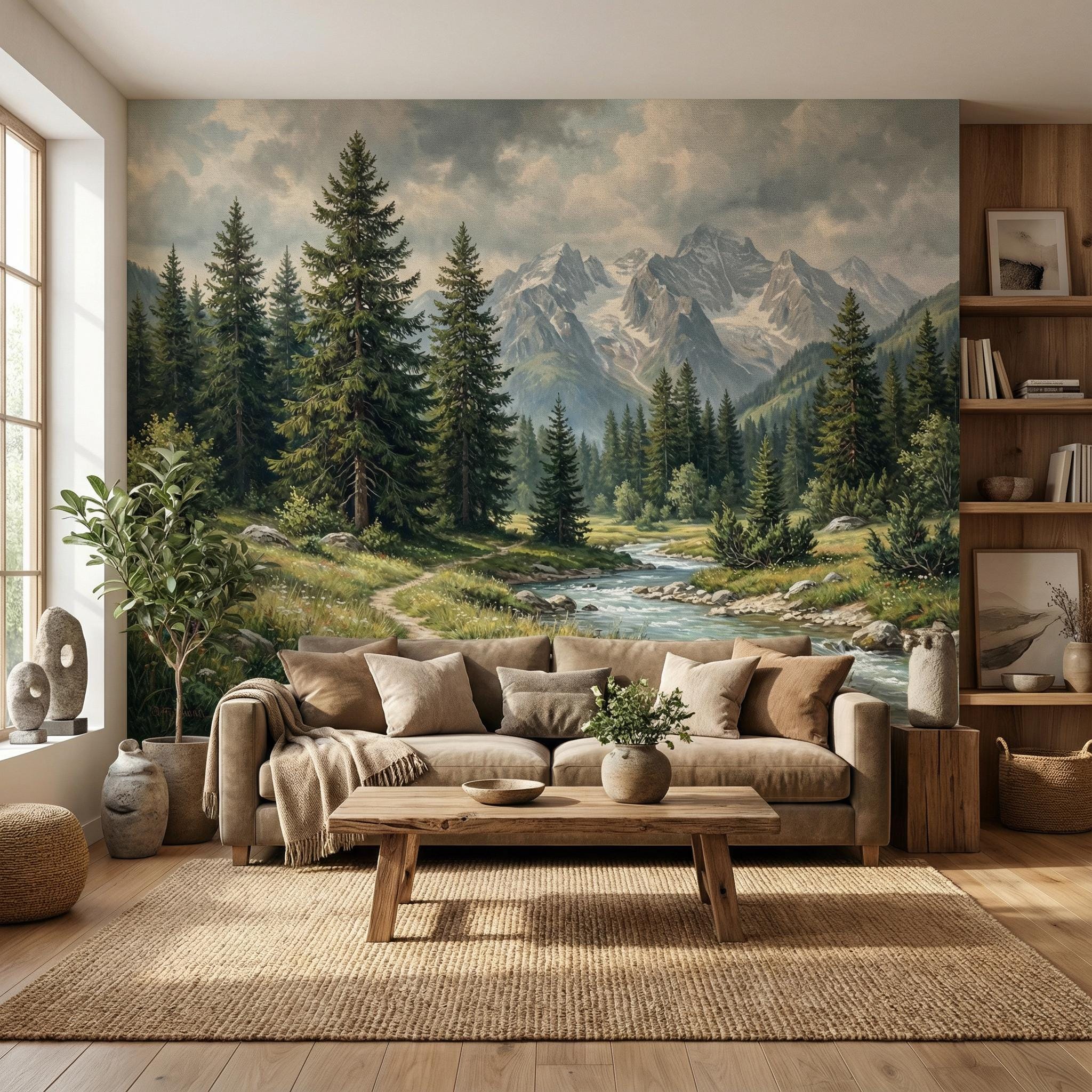 Woodland Majesty Nature Landscape Wall Mural: Forest, Mountain Lake Peel and Stick or Non-Woven Wallpaper