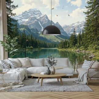 Nature Landscape Wall Mural: Forest, Mountain & Lake. Peel and Stick or Non-Woven Wallpaper. Custom Made to Measure Nature Wall Decor Art