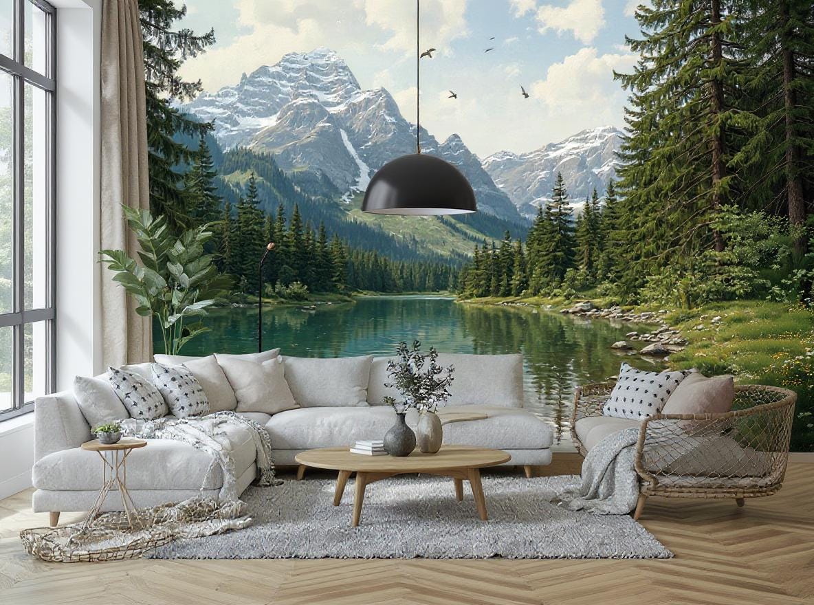 Nature Landscape Wall Mural: Forest, Mountain & Lake. Peel and Stick or Non-Woven Wallpaper. Custom Made to Measure Nature Wall Decor Art