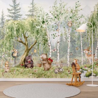 Woodland Animals Wallpaper - Peel and Stick Nursery Mural | Forest Trees, Kids Wall Decor Watercolor custom made