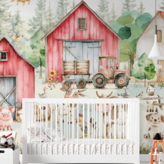 Farm Animals Nursery Wallpaper Farmhouse Wall Art Watercolor Trees Country animals Peel and Stick Kids Room Decor custom-made