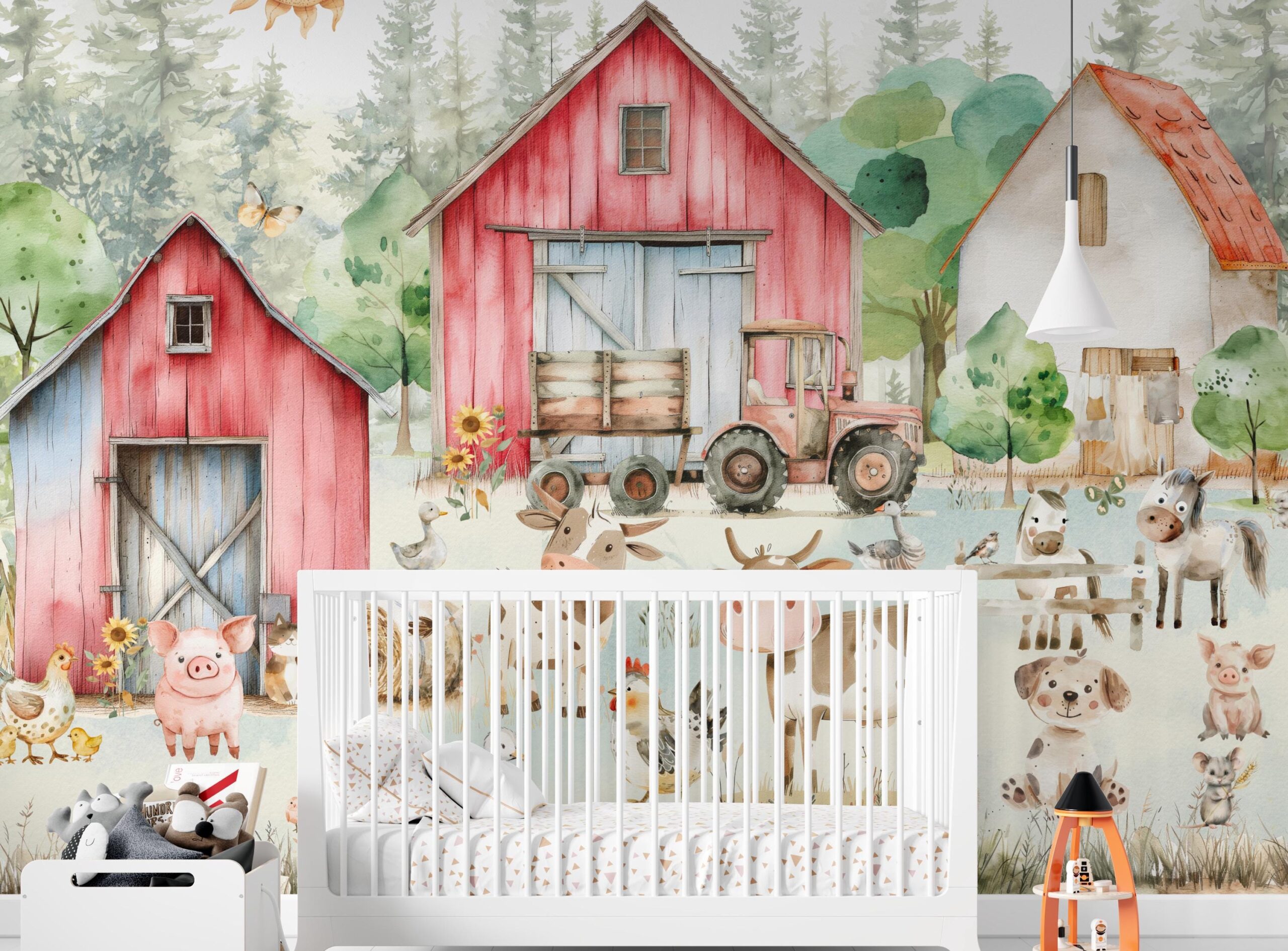 Farm Animals Nursery Wallpaper Farmhouse Wall Art Watercolor Trees Country animals Peel and Stick Kids Room Decor custom-made