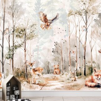 Woodland Animals Wallpaper - Peel and Stick Nursery Mural | Forest Trees, Kids Wall Decor Watercolor custom made
