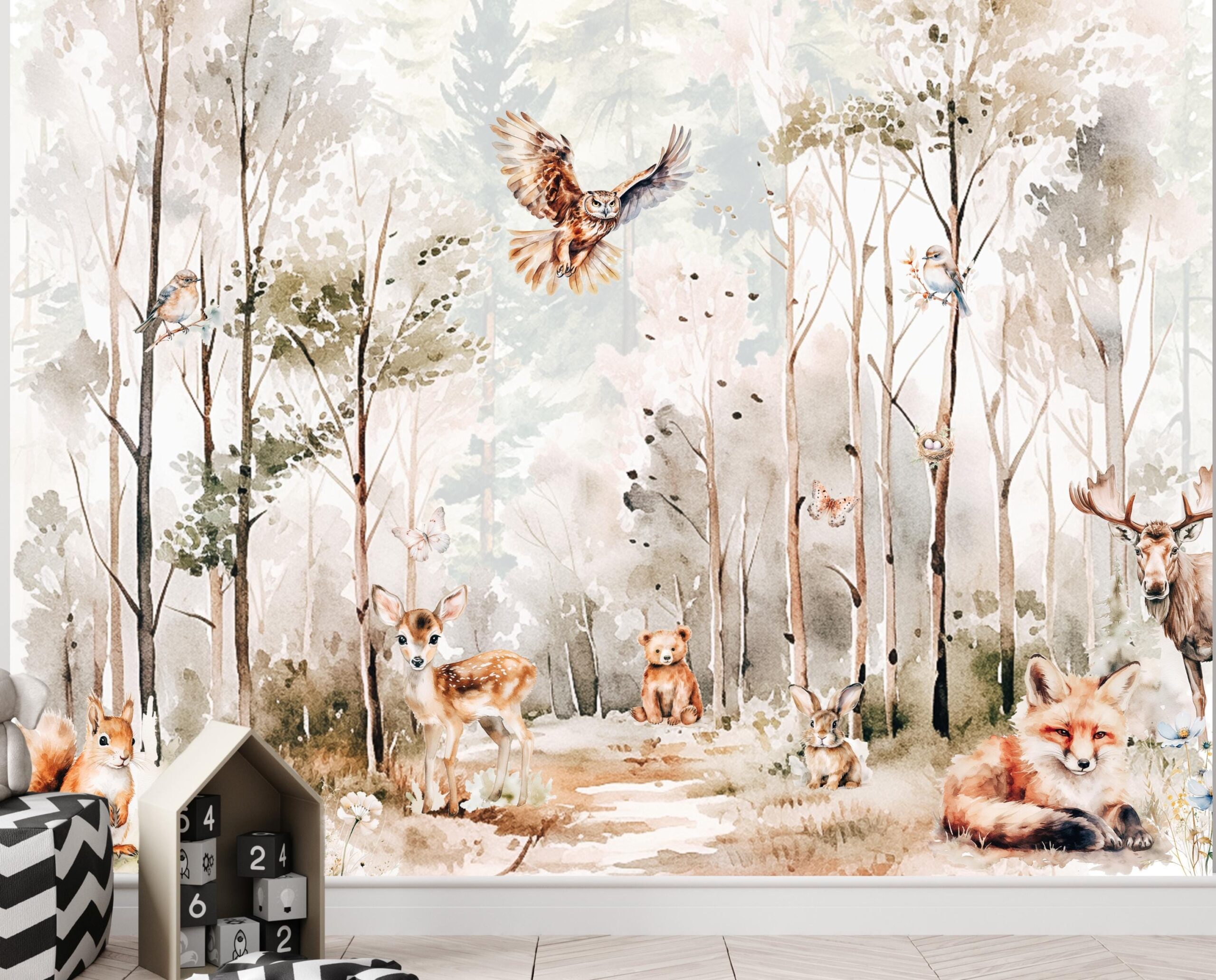 Woodland Animals Wallpaper - Peel and Stick Nursery Mural | Forest Trees, Kids Wall Decor Watercolor custom made