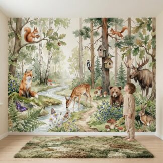 Woodland Animals Wallpaper - Peel and Stick Nursery Mural | Forest Trees, Kids Wall Decor Watercolor custom made