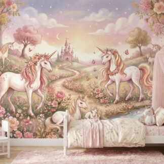 Magical Unicorn and Castle Wallpaper for Girls Room | Pastel Floral Fairy Tale Wall Mural Pink Roses Nursery Decor | Peel and Stick or Vinyl