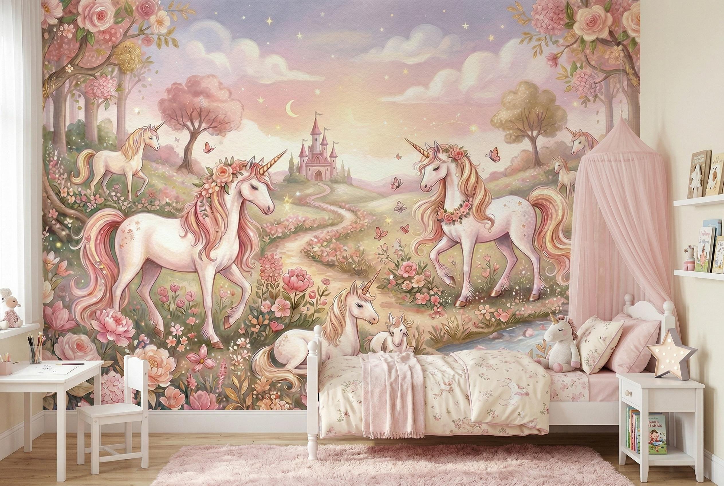 Magical Unicorn and Castle Wallpaper for Girls Room | Pastel Floral Fairy Tale Wall Mural Pink Roses Nursery Decor | Peel and Stick or Vinyl