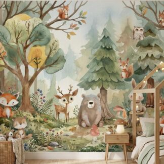 Woodland Animals Wallpaper - Peel and Stick Nursery Mural Forest Trees, Kids Wall Decor Watercolor custom made