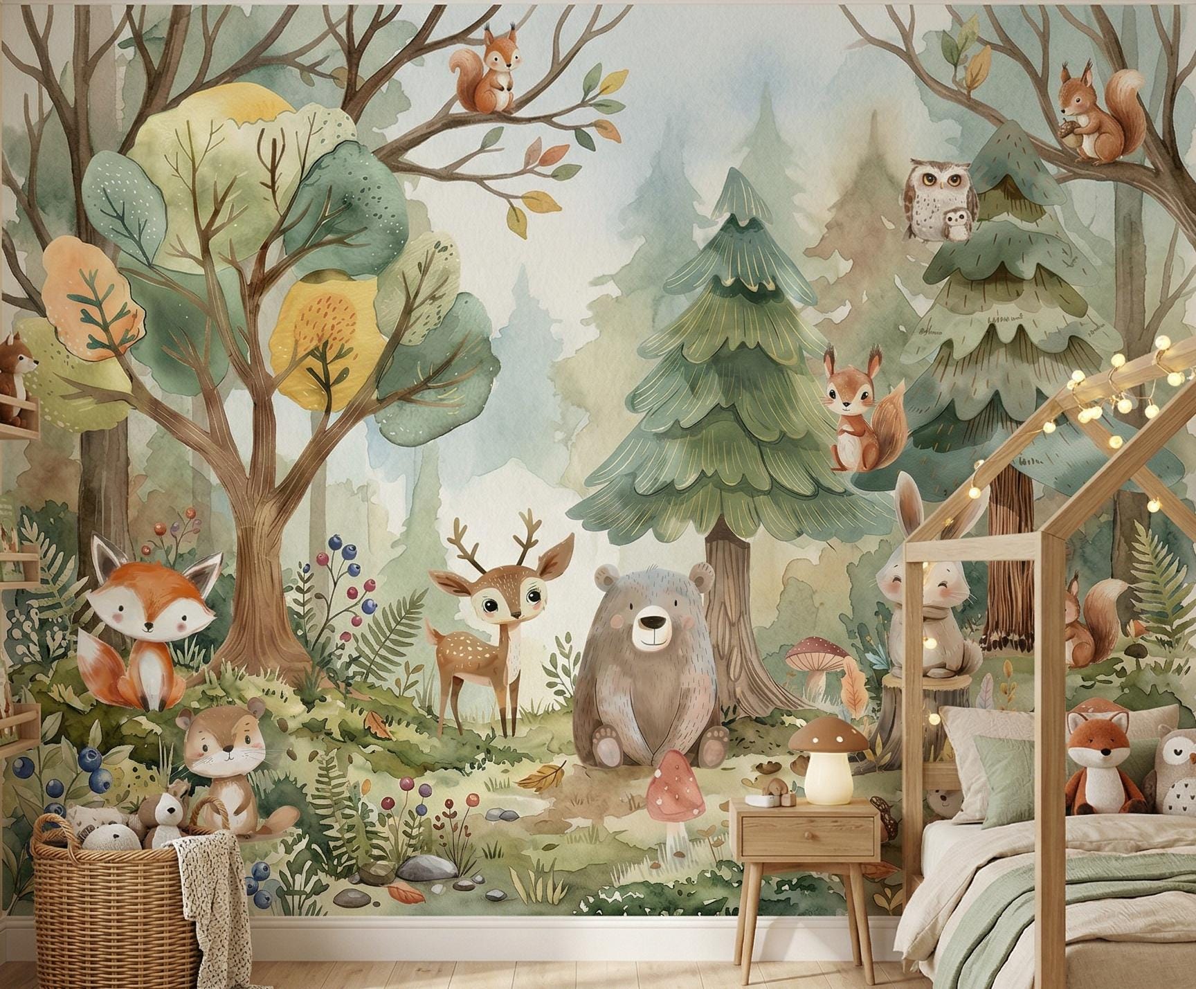 Woodland Animals Wallpaper - Peel and Stick Nursery Mural Forest Trees, Kids Wall Decor Watercolor custom made