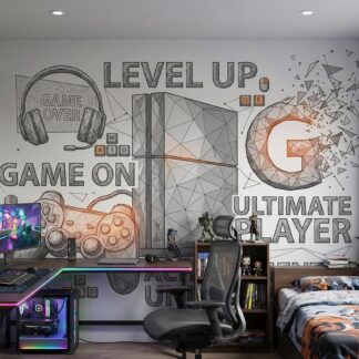 Gaming Wall Mural for Kids Room – Custom Size Peel and Stick Wallpaper – Level Up Boys Bedroom Decor – Game Console Wall Art