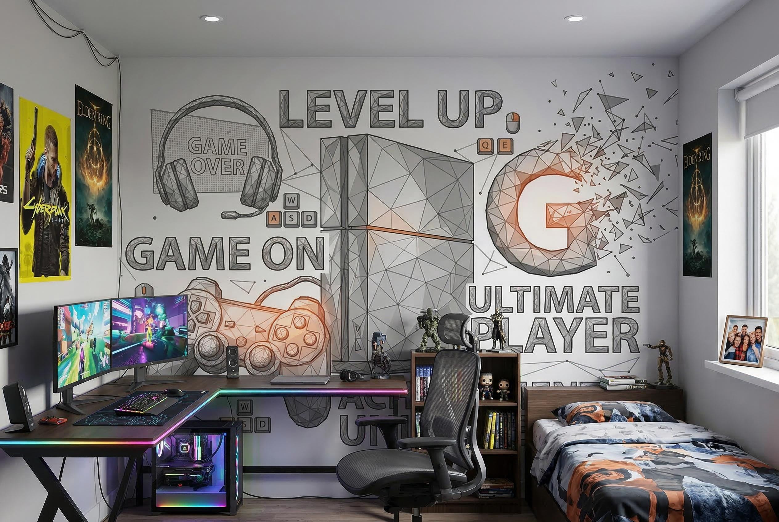 Gaming Wall Mural for Kids Room – Custom Size Peel and Stick Wallpaper – Level Up Boys Bedroom Decor – Game Console Wall Art