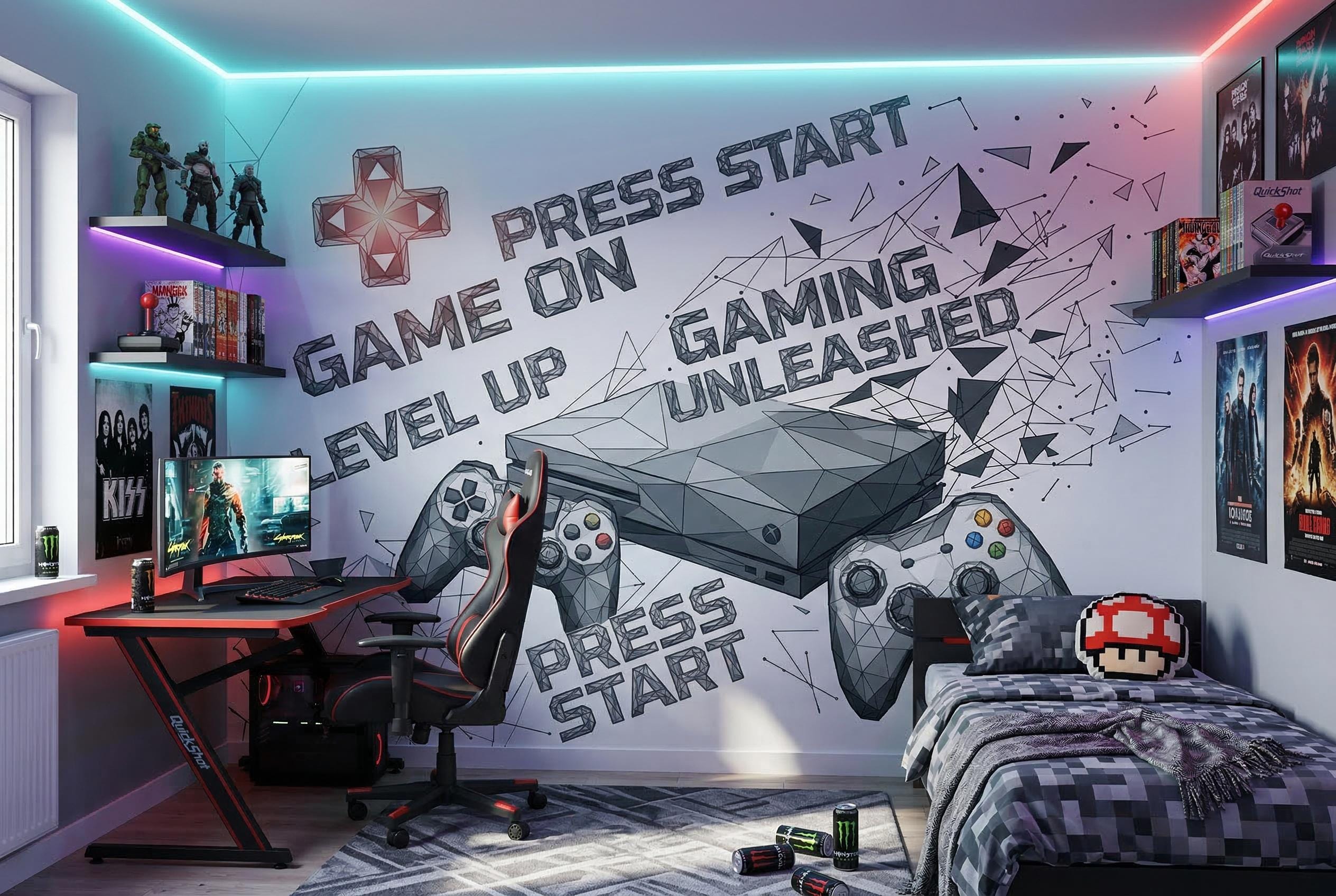 Geometric Gaming Wall Mural – Custom Size Peel and Stick Wallpaper – Boys Bedroom Decor (Digital)