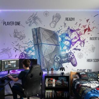Gaming Wall Mural for Kids Room – Custom Size Peel and Stick Wallpaper – Level Up Boys Bedroom Decor – Game Console Wall Art
