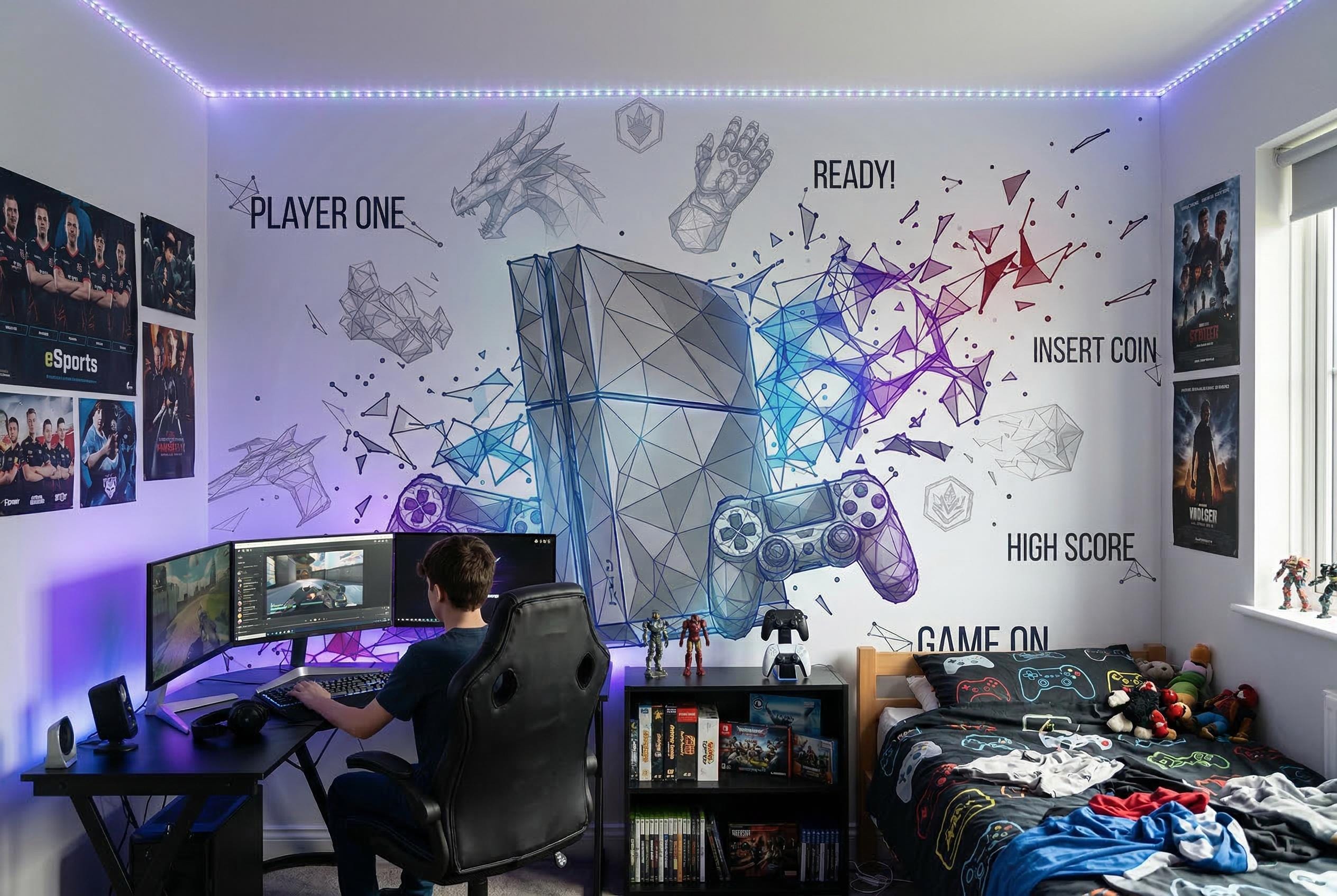Gaming Wall Mural for Kids Room – Custom Size Peel and Stick Wallpaper – Level Up Boys Bedroom Decor – Game Console Wall Art
