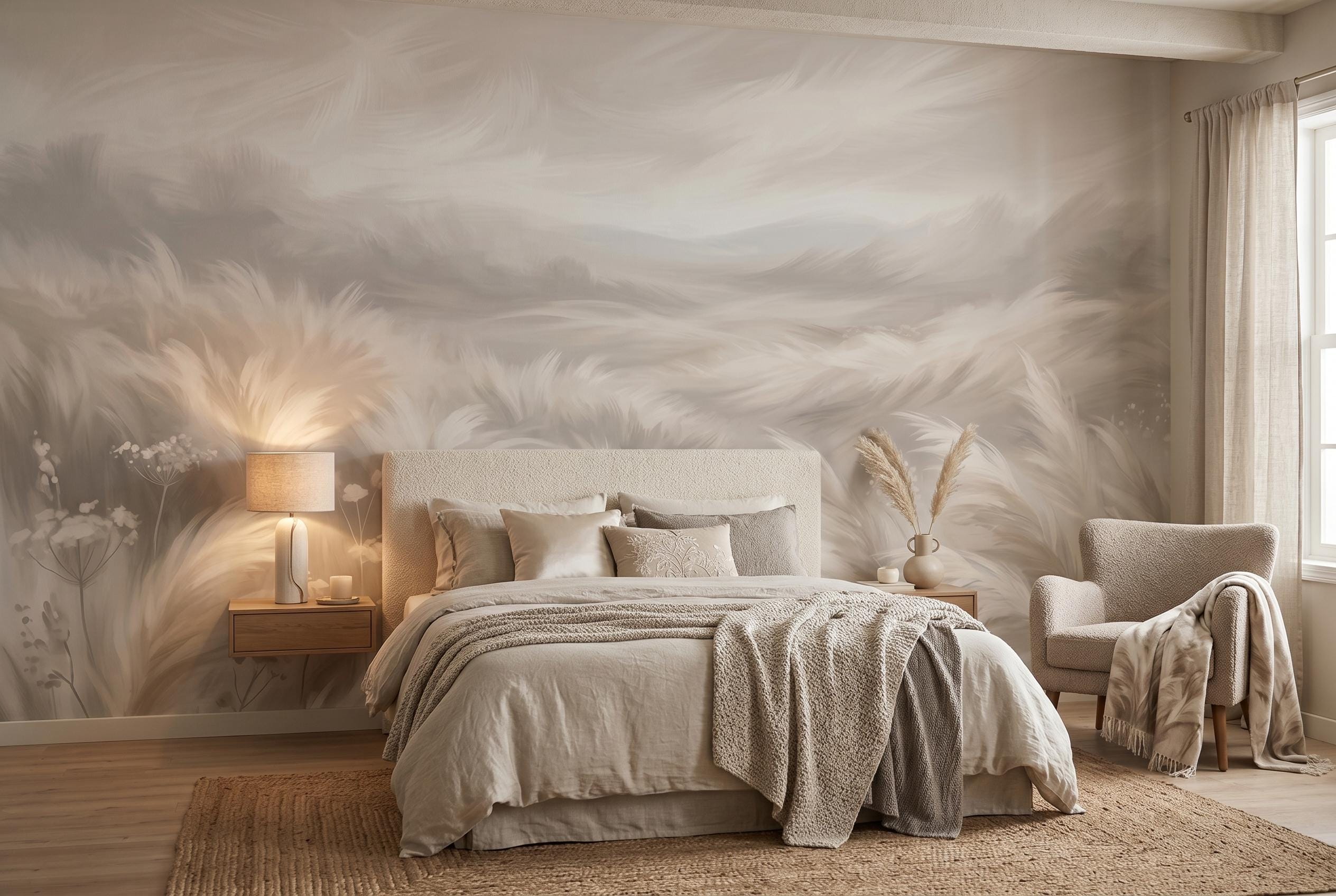 Beige Pampas Grass Wall Mural - Abstract Landscape Wallpaper, Neutral Boho Living Room Decor, Custom Size Peel and Stick, Removable