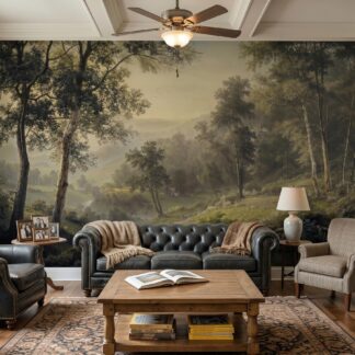 Vintage Woodland Landscape Wall Mural, Forest Trees Antique Painting Style Wallpaper, Large Scale Classical peel and stick Rustic Decor