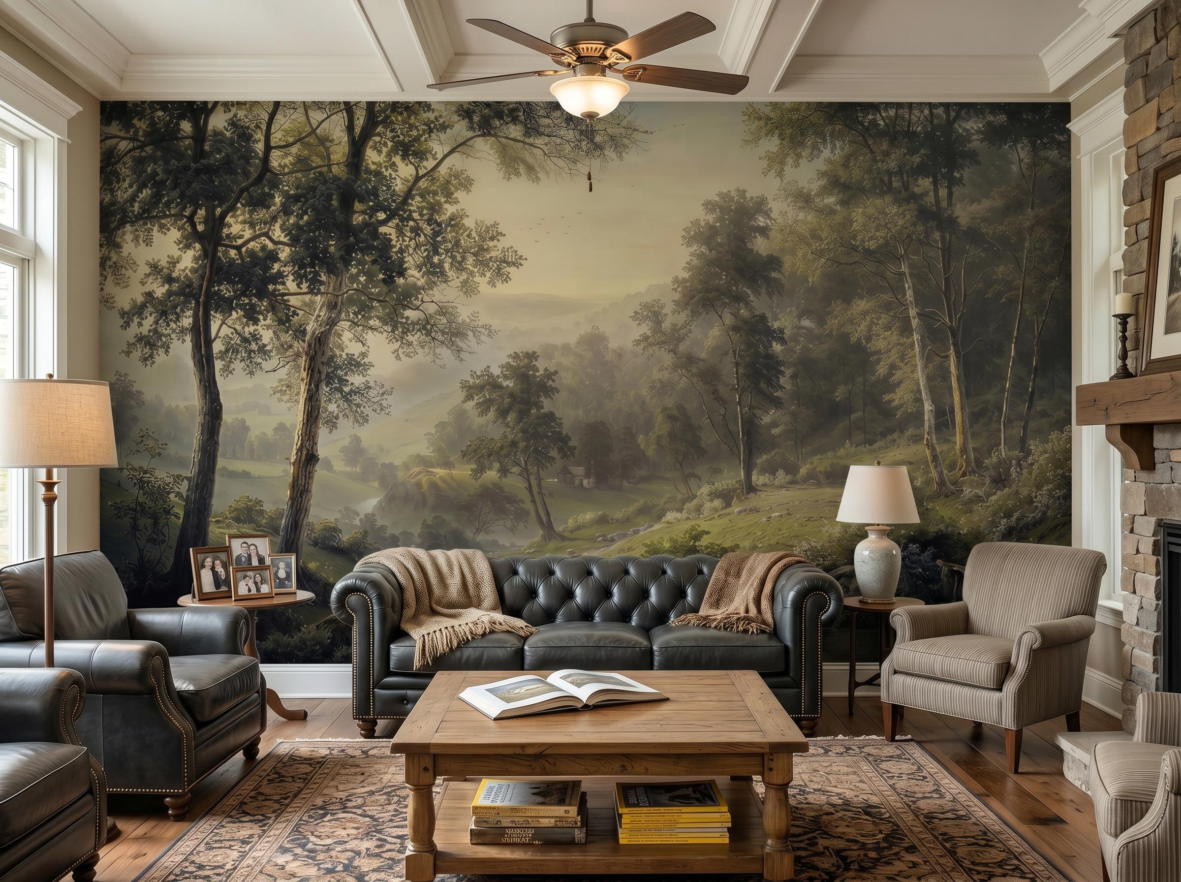 Vintage Woodland Landscape Wall Mural, Forest Trees Antique Painting Style Wallpaper, Large Scale Classical peel and stick Rustic Decor